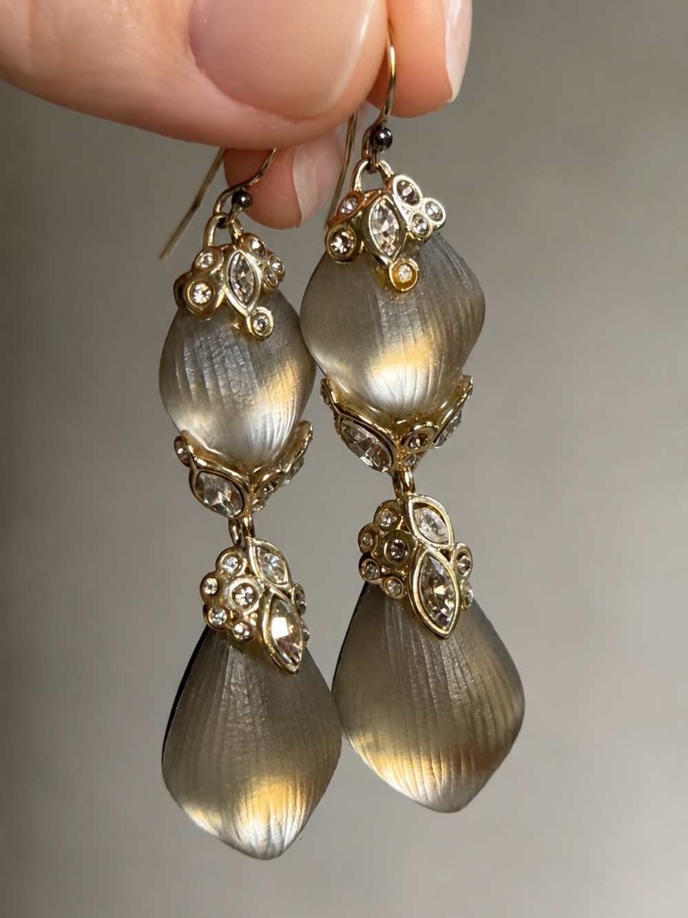 Alexis Bittar Crystal Lace Warm Grey Lucite Drop Earrings